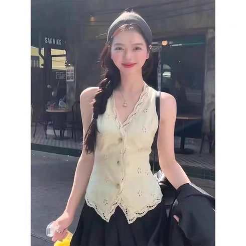 Embroider V-neck Cotton Vest With Lace Border